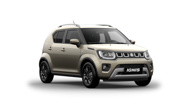 Seitlich von vorne fotografierter Suzuki Ignis Hybrid in Caravan Ivory Pearl Metallic.