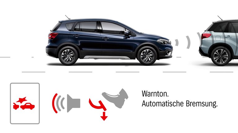 Grafik zur Radargestützten aktiven Bremsunterstützung im Suzuki SX4 S-Cross.