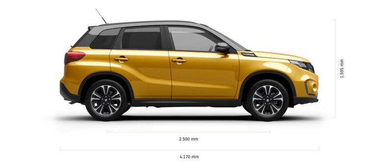 Ein seitlich fotografierter Suzuki Vitara Hybrid in Solar Yellow Pearl Metallic mit Abessungen von Länge und Höhe in mm.